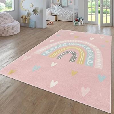 Imagen de TT Home Alfombra De Habitacion Bebe Infantil Niña Niño Juego Moderna Arcoíris Nube Motivo Animal Colorido, Color:Rosa Pink 2, Tamaño:160x220 cm