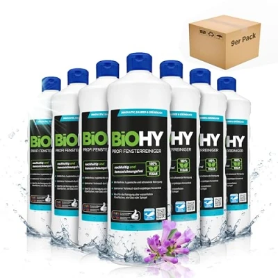 Imagen de BiOHY Limpiacristales profesional (9 botellas de 1 litro) Limpiador concentrado vidrios, para ventanas Limpieza optima y espejos (Fensterreiniger)