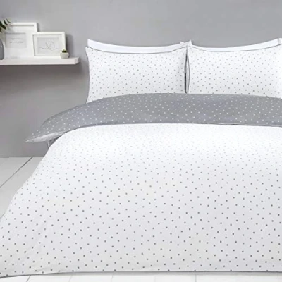 Imagen de Sleepdown Juego de Funda edredón Reversible con diseño Lunares, algodón súper Suave, Color Blanco y Gris, tamaño 220 x 260 cm + 2 Fundas Almohada a Juego.