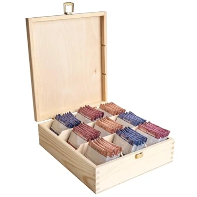 Imagen de Creative DECO Caja para Té en Bolsitas Madera Infusiones 9 Compartimentos 23,5 x 20,5 7,5 cm Varias Medidas Disponibles con Tapa y Cerradura Decoupage, Decoración Almacenaje Navidad