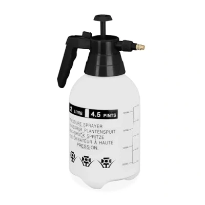 Imagen de Relaxdays Pulverizador Presión 2 L, Boquilla Ajustable Latón, para Agua y Herbicida, Botella Espray Jardín, Blanco/Negro