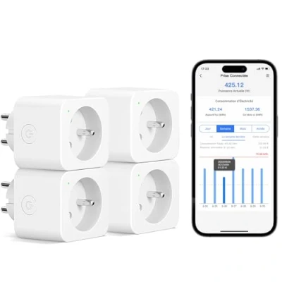 Imagen de Meross Toma conectada (tipo E), 16 A, conector WiFi compatible con Alexa y Google Home, 4 tomas medición de consumo eléctrico control voz, remoto configuración Bluetooth