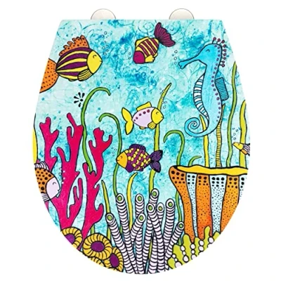 Imagen de WENKO Asiento para WC Ocean Life, tapa Rollin&#039;Art wenko, superficie en relieve, cierre rápido higiénico de acero inoxidable y mecanismo suave Easy Close, Duroplast antibacteriano, 38 x 44,5 cm