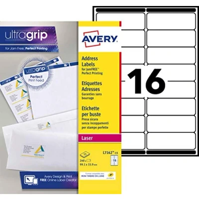 Imagen de Avery España L7162 15 etiquetas adhesivas blancas ideales para envios paquetes, imprimibles, medida 99,1x33,9mm, Caja de 240