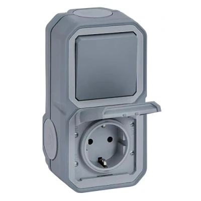Imagen de LEGRAND, Plexo New 069746L Interruptor universal de encendido/apagado (1 pin) y enchufe protección contacto (SL), incluye tapa abatible, IP44 IK07 (enchufe), IP55 (interruptor), color