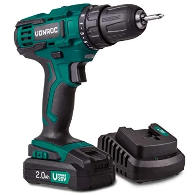 Imagen de VONROC Taladro inalámbrico VPower 20V juego completo con 2.0Ah batería, cargador rápido, puntas de destornillador y bolsa almacenamiento