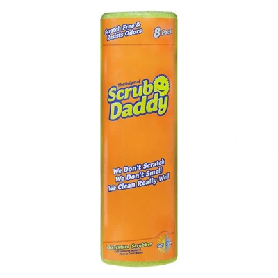 Imagen de Scrub Daddy Original Esponja Daddy, Estropajo Cara Sonriente Limpieza Anti Rayaduras, Lavable Antibacteriana y Reutilizable para Cocina Baño, con Flextexture Amarillo, Paquete de 8
