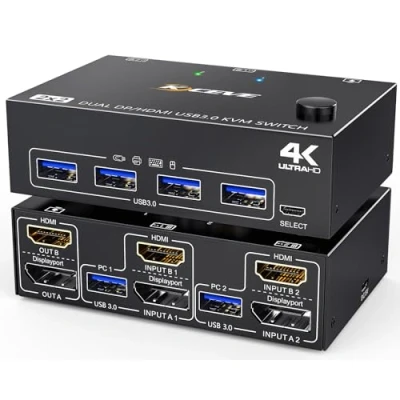 Imagen de USB 3.0 KVM Switch 2 Monitores HDMI+Displayport 4K@60Hz,2K@120Hz,MLEEDA Dual Monitor para PC Comparte y 4 Dispositivos USB3.0. Control Remoto con Cable Cables Incluidos