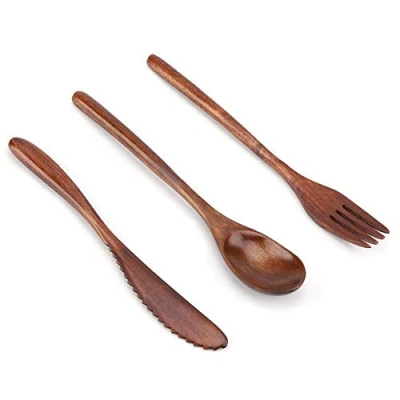 Imagen de Fdit Juegos de Vajilla Madera Natural Japonesa Cubiertos Reutilizables Viaje Juego Cuchillo Tenedor Cuchara(Cuchillo y Cuchara Solamente)