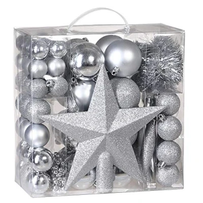 Imagen de Deuba® Bolas para Árbol de Navidad Set Completo Plateado 77Pzs. Adornos Decoración Colgante Estrella Navideña
