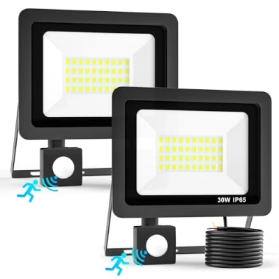 Imagen de Realky 2Pcs 30W Foco LED Exterior con Sensor de Movimiento, IP65 Impermeable Focos Exterior, Proyector 6500K Blanco Frío Floodlight para Casa, Garaje, Patio, Terraza, Campo