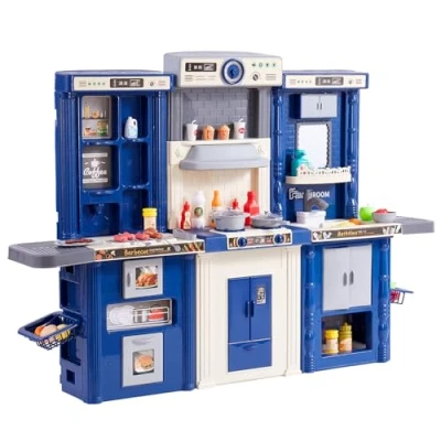 Imagen de VEVOR Cocina de Juguete para Niños 3 en 1 Cocinita Infantil Simulación con Spray Simulado Sonido Luz 74 ​​Piezas Accesorios Niños, Preescolares, a 8 Años, Azul