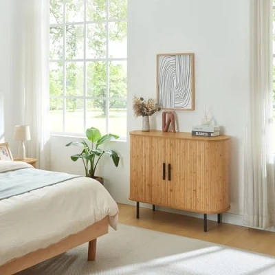 Imagen de [en.casa] Aparador Tvedestrand con 2 Puertas Correderas Armario Multiusos 8 Compartimentos Cerrados Mueble de TV Tablero en Forma Ovalada Bambú Metal 100x40x80 cm Efecto Madera/Negro