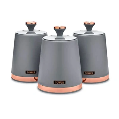 Imagen de Tower T826131GRY Cavaletto Juego de 3 Botes Almacenamiento para Cocina, té, café y azúcar, Acero al Carbono, Color Gris, Canister Set,