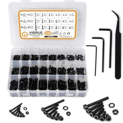 Imagen de VIGRUE Juego de 1080 tornillos M2 M3 M4 acero al carbono, perilla seis cabezas, y arandelas, surtido hexagonales con caja almacenamiento, plana + llave inglesa