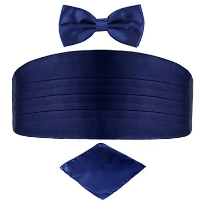 Imagen de DonDon Set de tres piezas Caballero Faja esmoquin Pajarita Pañuelo bolsillo Color a juego Espléndido para ceremonias y ocasiones especiales Azul oscuro