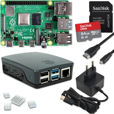 Imagen de Raspberry Pi 4 GB Starter Kit 64GB Micro SD tarjeta Fuente de alimentación USB C Carcasa negra Cable 4K HDMI disipadores calor Model B RAM