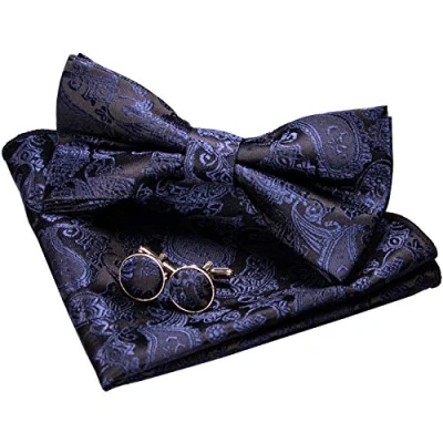 Imagen de JEMYGINS Conjunto de Pajarita y Pañuelo Paisley con Gemelos para Hombre Azul oscuro (2)