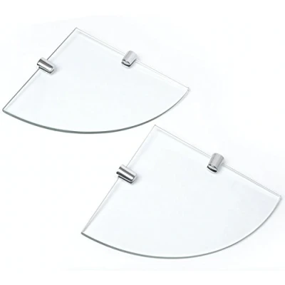 Imagen de BSM Marketing Juego de dos estantes esquineros transparentes vidrio templado 200 mm aproximadamente y 6 grosor para baño, dormitorio, oficina con soportes estante acabado cromado