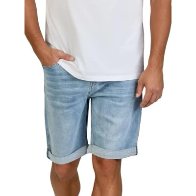 Imagen de DENIMFY pantalones cortos vaqueros para hombre, elásticos, cortos, corte regular, DFAri de verano, color gris, azul, 31, 32, 33, 34, 36, 38, 40, 42, Medium Blue Denim (M48), 32W