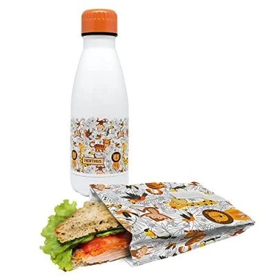 Imagen de NERTHUS FIH 1008 SET Botella Doble Pared Acero Inox + Bolsa Sandwich Leones