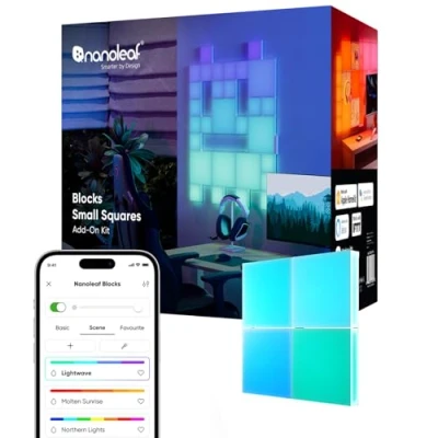 Imagen de Nanoleaf Kit de Expansión Blocks 4 Mini Cuadrados (Requiere Incicio), Paneles Decorativos para Pared RGBW, Luz Difusa, Temperatura Color Ajustable 2700K a 6500K (11,6 x 11,6 cm cada uno)