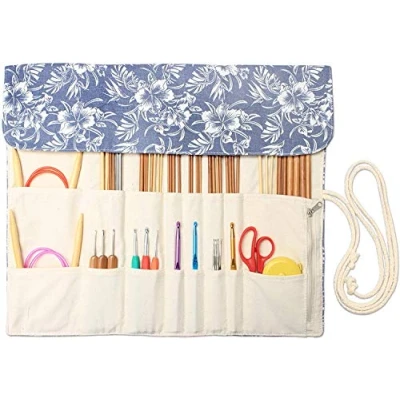 Imagen de Teamoy Rollo de almacenamiento para agujas ganchillo y accesorios Estuche organizador kit punto, ligero fácil llevar viajar (no incluye accesorios), 14 pulgadas, flores