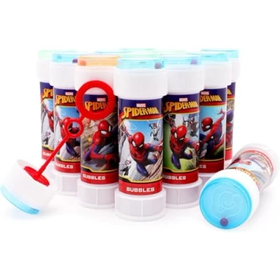 Imagen de Toyland® Spiderman Bubble Tubs 12 Pack con varitas, solución de 60 ml y Tapa Laberinto novedosa Juguetes Bolsillo para Fiestas