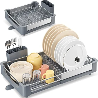 Imagen de KINGRACK Soportes para Platos,Escurridor, Escurridor de Platos Extensible, escurreplatos Aluminio Inoxidable Plegable con Soporte Cubiertos extraíble y Estante antiarañazos Cocina