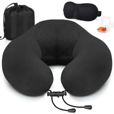 Imagen de Zepphi Almohada de Viaje para Cuello, Viscoelástica Espuma, Cervical Oficina Avión Tren Coche Viajando, Cojin Cuello con Máscara Ojos, Tapones y Bolsa
