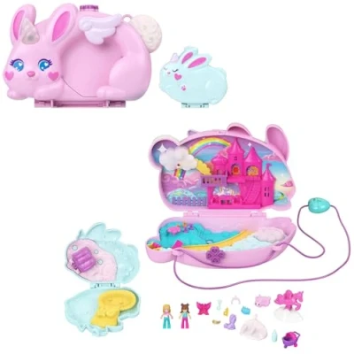 Imagen de Polly Pocket Estuche 2 en 1 Diversión con conejitos, juguete de viaje bolso para llevar muñecas miniatura y 12 accesorios, entre los que se incluyen mascotas, conjunto juego, JFT88