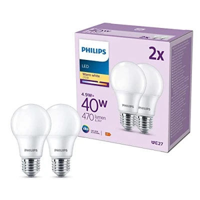 Imagen de Philips Bombilla Led estándar 4.9W (Eq. 40W) 470 lúmenes, casquillo E27,Luz Blanca Cálida (2700k) Pack 2 bombillas