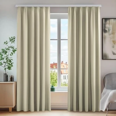 Imagen de Deconovo Cortinas térmicas Opacas con Cinta Fruncida, 260 x 140 cm (Altura Ancho), Color Beige