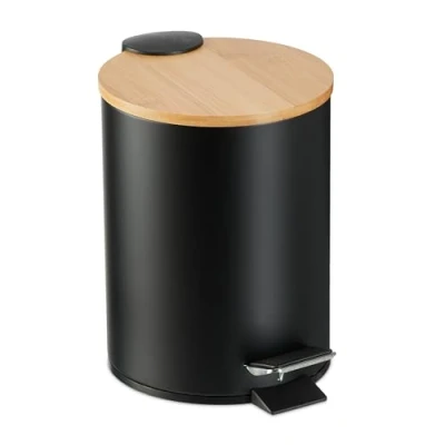 Imagen de Relaxdays Cubo de Basura Baño 3 litros, Papelera Tapa Caída Automática Bambú, con Bote Interior Extraíble, Negro, 23,5 x 17 21 cm