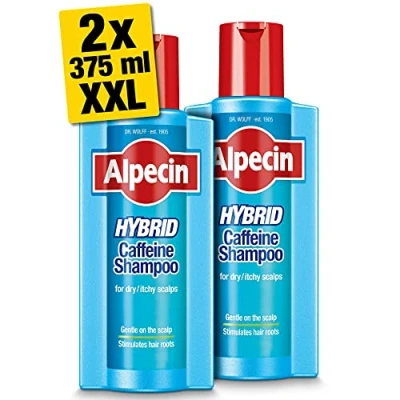 Imagen de Alpecin Caffeine Shampoo Hybrid 2x 375 ml Champú natural para el crecimiento del cabello con cuero cabelludo sensible y seco Energizante fuerte Cuidado hombres
