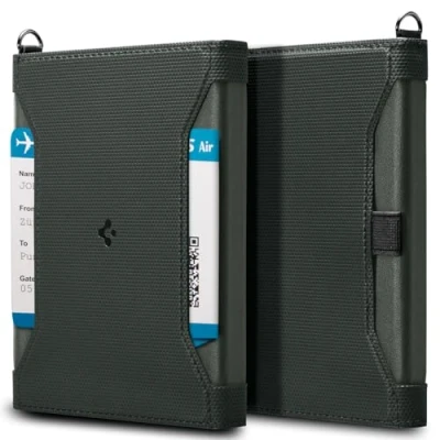 Imagen de Spigen Funda Pasaporte con Bloqueo de RFID, Portadocumentos para Viajes, Tarjetas identificación Compatible la mayoría los tamaños Verde Militar