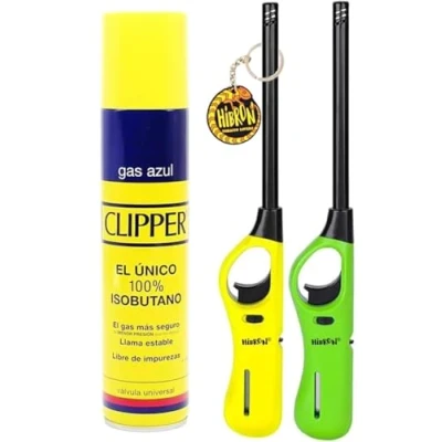 Imagen de Clipper 2 Encendedores Cocina Barbacoa + 1 Botella Gas Azul 300ml Llavero, Sirve para Recargar Soplete de