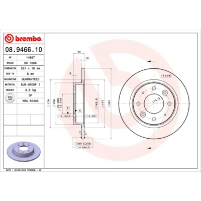 Imagen de BREMBO 08.9466.10 Disco de freno 261 10 4 macizo KIA: CARENS 2, 1, Clarus Berlina