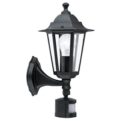 Imagen de Eglo lámpara de pared exterior Laterna 4, luz 1 foco con detector movimiento, aluminio fundido y cristal, color negro, portalámparas E27, IP44