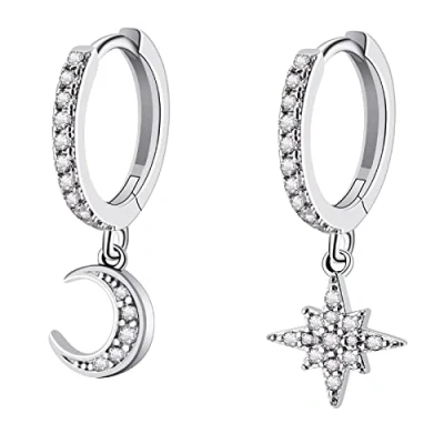 Imagen de Bo Win Pendientes de Plata Ley 925 Aro con Colgante Luna Estrella Aros Pequeños 3A Zirconia Cúbica para Mujer Niña