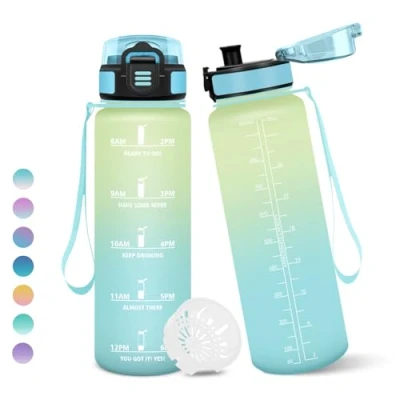 Imagen de Botella Agua, 1 litro Libre de BPA, Agua Gimnasio, Con Marca Tiempo, Botellas Diseño Cerradura a Prueba Fugas, para Niños Deportes Cielo Azul