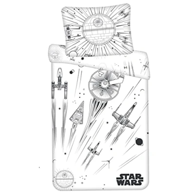 Imagen de Jerry Fabrics Star Wars Estrella de la Muerte, naves espaciales, brilla en oscuridad, color blanco y negro, funda nórdica 140 x 200 cm, almohada 70 90 cm con cremallera, para niños