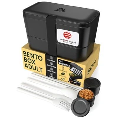 Imagen de Umami Fiambrera Para Comida De Trabajo, Bento Lunch Box, Apilable, Con 4 Compartimentos, Cubiertos, Botes Salsa, Caja Almuerzo, Apta Microondas, Porta Alimentos 100% Hermética