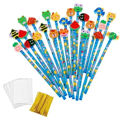 Imagen de JZK 24x Lindo azul grafito lápices de madera infantiles con goma borrar animados para niños Favores fiesta cumpleaños Navidad regalo infanti