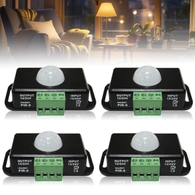 Imagen de 4 unidades de detector movimiento LED, CC 12 V 24 V, negro, sensor por infrarrojos, PIR, interruptor automático, inalámbrico, para tiras LED