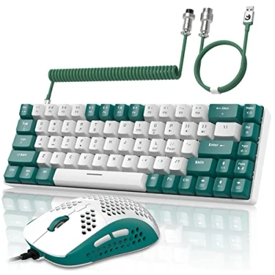 Imagen de YINDIAO T8 60% RGB Juego de Teclado y Mouse para Juegos+Cable USB C en Espiral,Teclado Mecánico con Cable,US Layout,Compacto TKL 68 Teclas,Mouse Nido Abeja,hasta 6400 dpi,para PC PS5,Verde