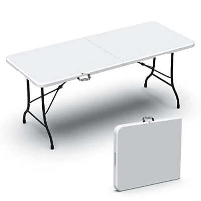 Imagen de VOUNOT Mesa Plegable Multifuncional 180 x 75 cm, de Fiesta con Asa Transporte, para Jardín, Terraza, Balcón, Blanco
