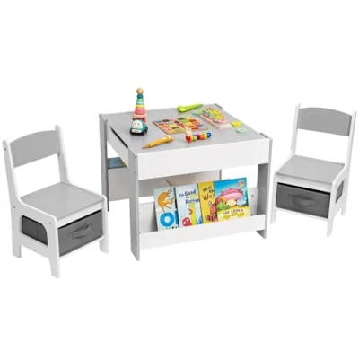 Imagen de Yorbay mesa infantil con 2 sillas, juego de muebles infantiles madera espacio almacenamiento y estanterías, 3 en 1 para colorear, actividades mesa, habitación