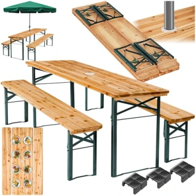 Imagen de tectake® Conjunto Jardín Exterior, 1 Mesa y 2 Bancos Madera Plegables, Soporte Sombrilla, Estructura de Acero, Estables Resistentes, Fácil Almacenamiento Transporte, Ideal Camping, Terraza, Picnic