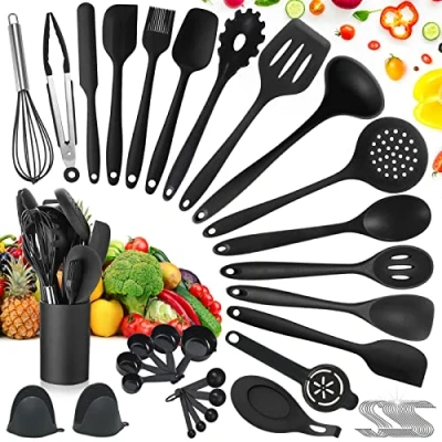 Imagen de TAVADA Utensilios Cocina de Silicona Antiadherente, 49 Piezas, Resistente al Calor, sin BPA, 5 Cucharas Medidoras y 20 Ganchos (Negro)